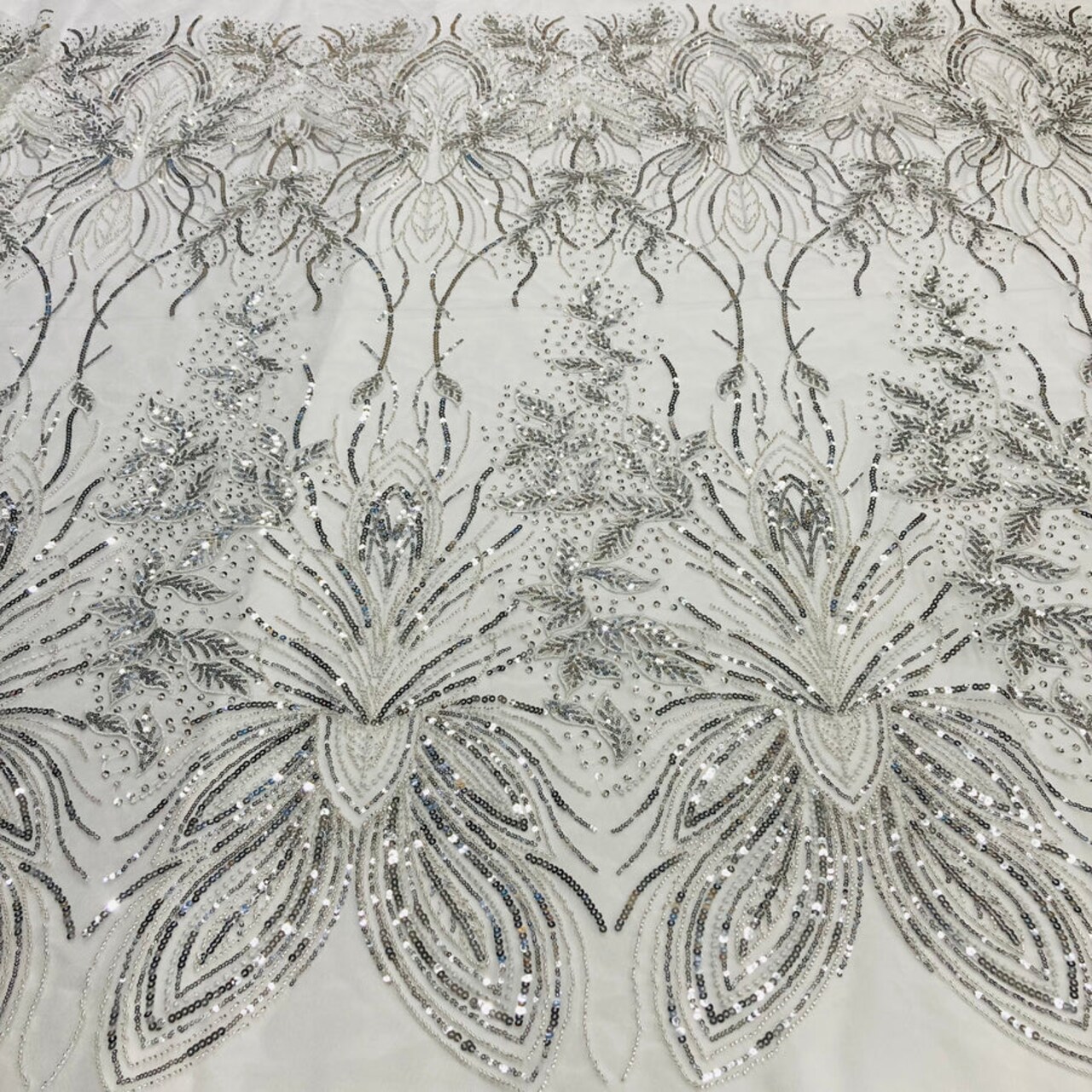 1 Yard Ivory Beaded Lace Fabric Embroidered on 100 Percent Polyester Net Mesh 52 Inch Width